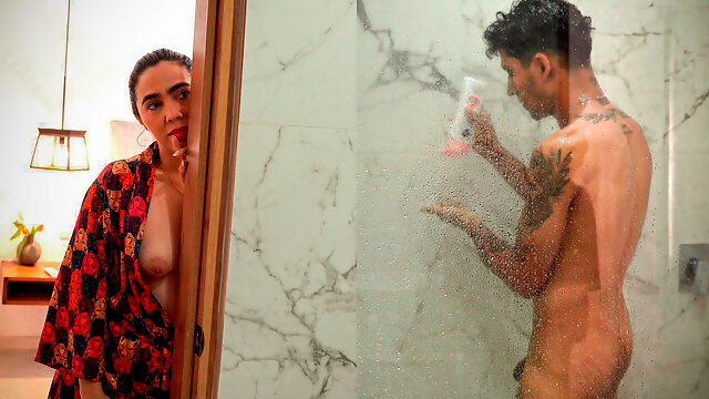 Big Ass Stepmom Ends up Fucking Her Slim Stepson After Sniffing Him in the Shower