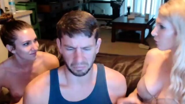 VIP threesome with blonde and brunette sharing hard cock