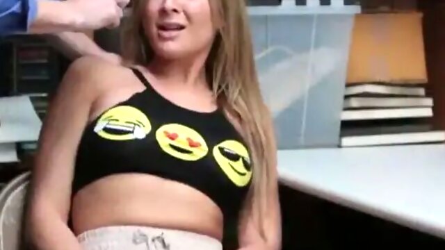 Pretty teen blonde thief Blair Williams convinced to suck and get drilled by nasty LP officer in the office