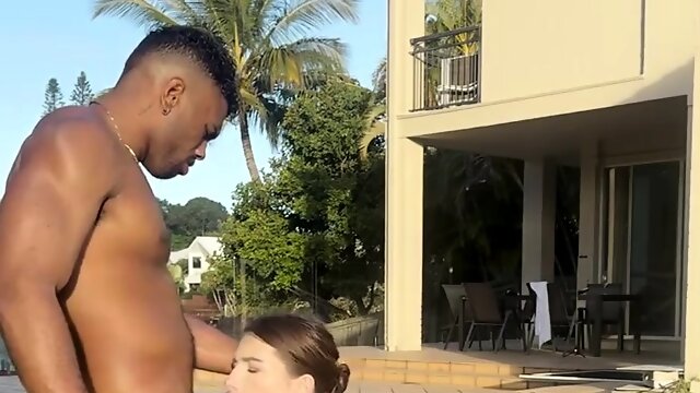 Busty MILF seductress takes on big black cock outdoors