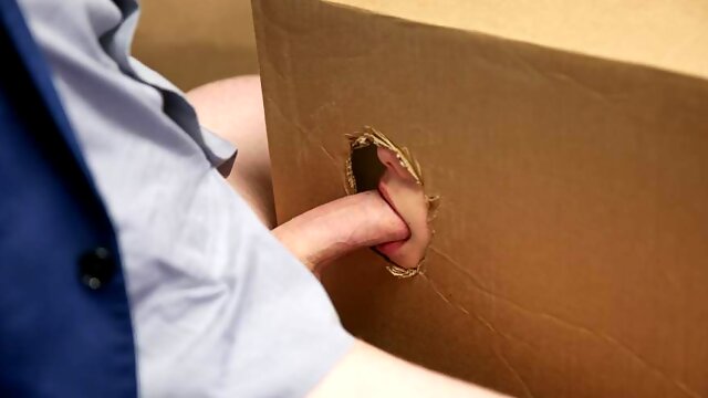 Bride to be sucking dick through shipping box hole