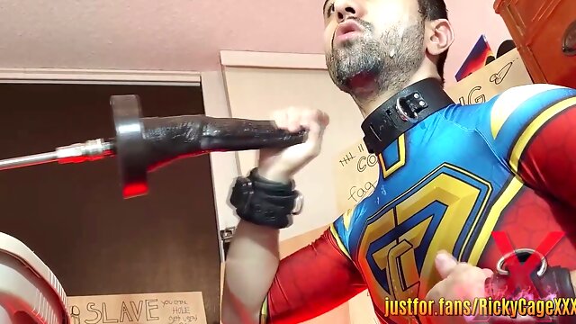 Superhero cock-pig goes backside-to-gullet on the CENTAUR dildo from Hankeys Toys