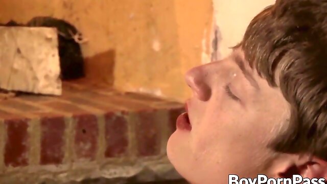 Skinny young gay sprays cum after taking it in his asshole