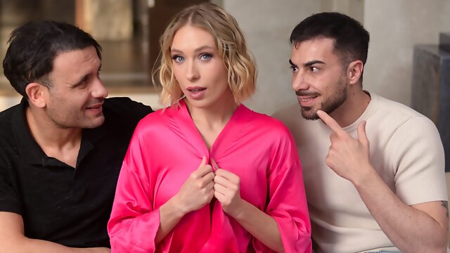 Short-haired bitch Angelika Grays gets spit roasted and DPed in the living room