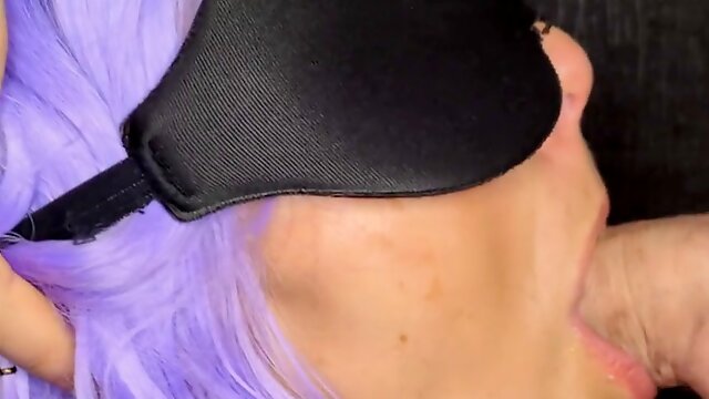 Close-up of light-haired milf giving a handjob and blowjob to her amateur partner, swallowing all the cum