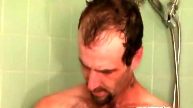 Seasoned Worker Tugs His Dick In The Shower And Cums
