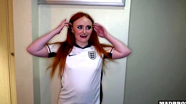 Busty redhead takes a rough public hallway pounding after losing a bet on football