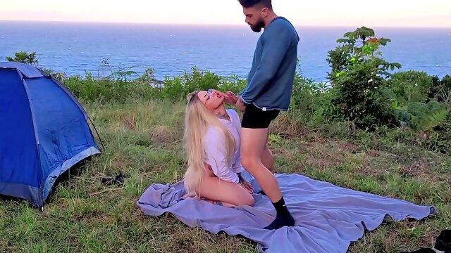 Risky couple enjoys sex on the sunset while camping