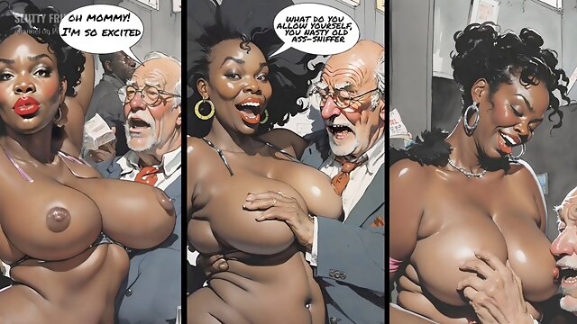 Ebony mistress with a big booty dominates her rich old cuckold in a comic cartoon