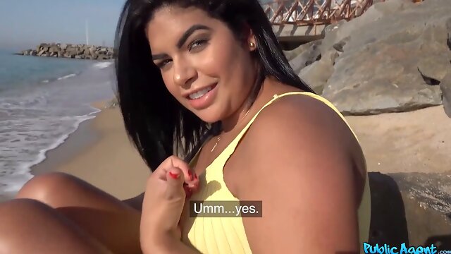 Beach stunner fucked on a public beach and then in personal swimming pool - public agent
