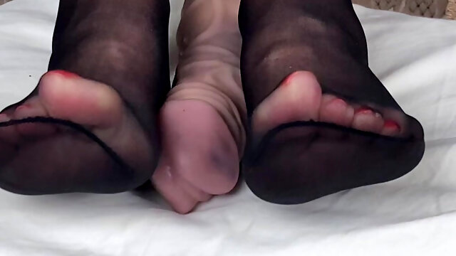 Mrs Mature Feet Showing All Her Feet Lovers Her Soles and Toes in Sheer Black Hold Ups. Part 1