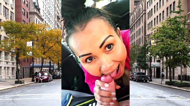 Public POV blowjob in a car by horny and busty Asian MILF slut