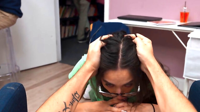 Horny petite cashier sucks and rides security buddy fat cock