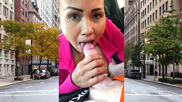 Public POV blowjob by busty Asian MILF
