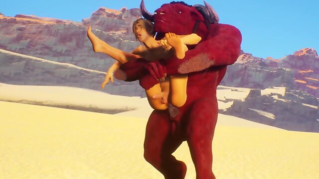 Hairy Monster boinks a victim superslut in the sandy desert