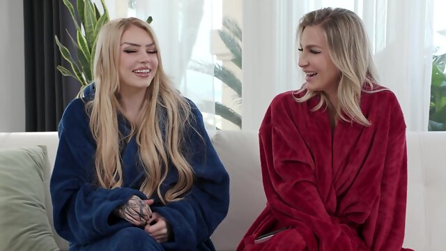 The backstage of the porn set with two hot blondes