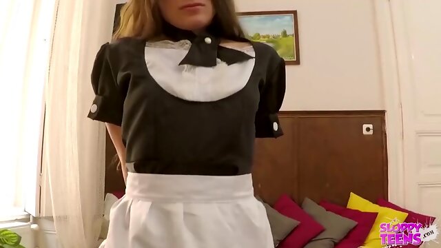Anita Bellini gets dominated as a submissive maid with a massive bad dragon dildo