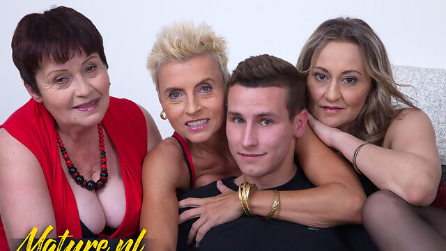 Three Horny Mature Cougars Sharing One Lucky Toy Boy in a Reverse Gangbang