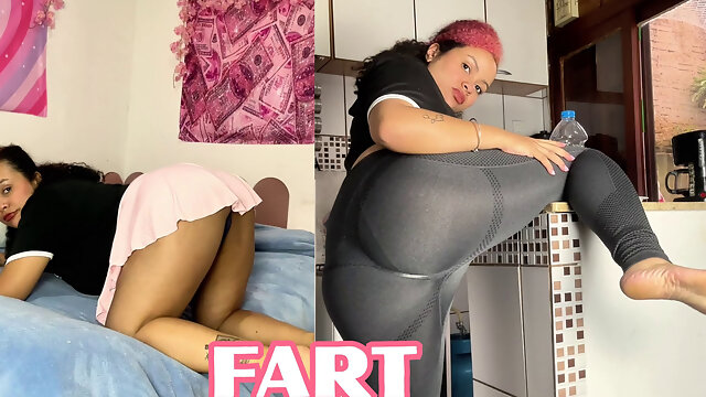 Gassy Ebony Farting and Burping in Skirt and Leggings