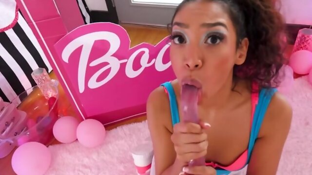 Exotic spinner gags on dildos and dick