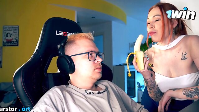 The wife gives a hot sloppy blowjob while her husband is lost in his new game