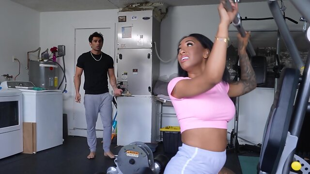 Sporty ebony couple get fucked in the gym shorts after a workout