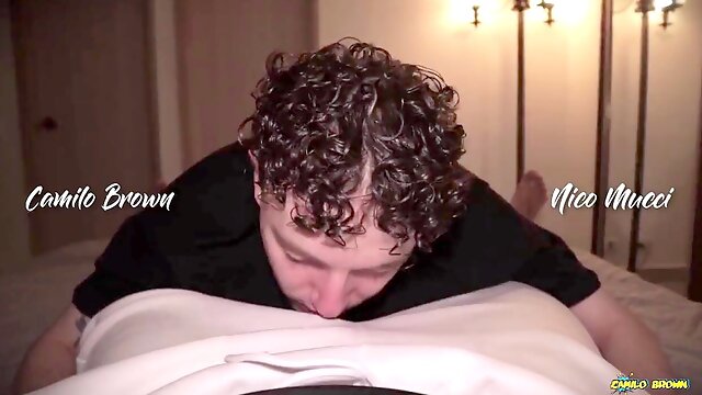 POV of Nico Mucci deepthroating sweaty daddy Camilo Browns massive uncut cock