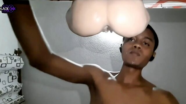 Daddy masturbate his cock with his fleshlight until he gets a hard and ample money-shot from his big black cock