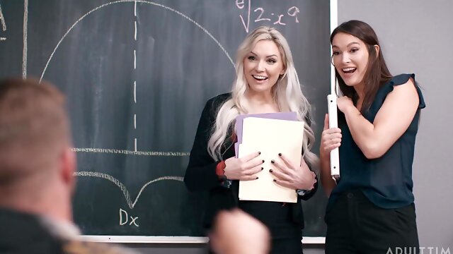 Schoolroom Scandal: MILF Teach Threesome with Big Cock