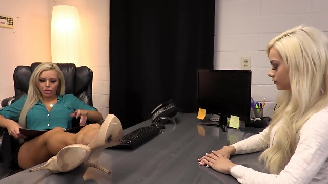 Two cute girls, nina and elsa, are having fun at the office with high heels.