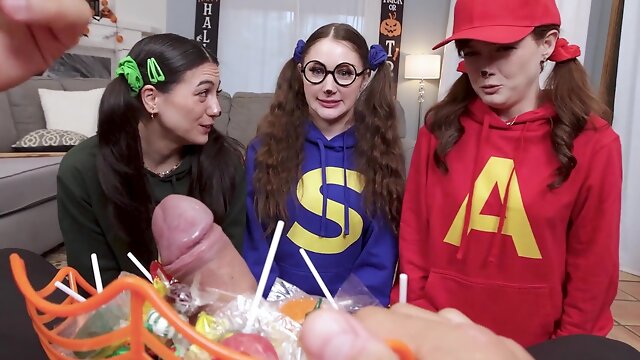 Cute teens Bella Blu, Jade Valentine and Megan Mistakes get banged in the living room