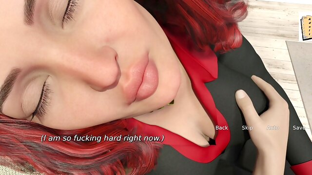 3D hentai visual novel featuring a busty redhead milf in lingerie
