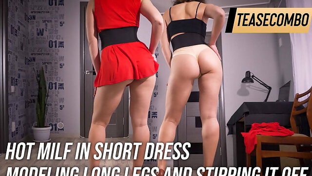 Hot MILF in Short Dress Modeling Long Legs and Stipping It off