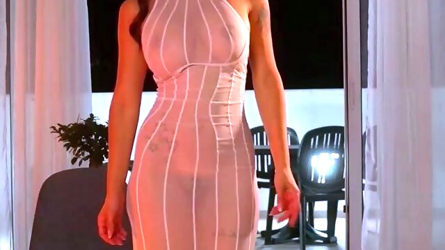 Busty curly brunette with big boobs fucks on couch