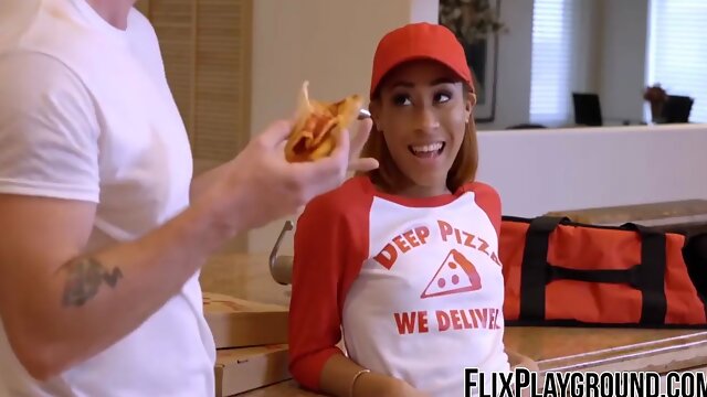 Kendall supplies the pizza and then she bites on the knob