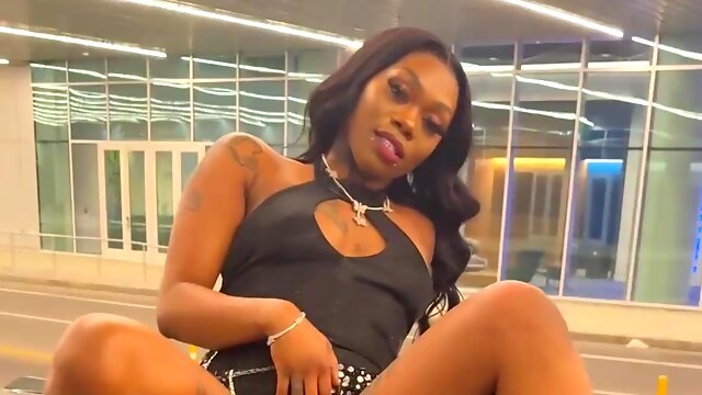 Sexy ebony slut masturbates on my car and then gets fucked in an underground parking area