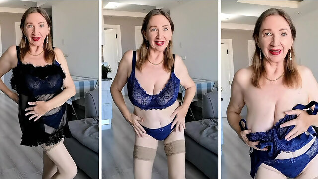 GILF Shaking Huge Natural Tits, Sexy Lingerie and Stockings