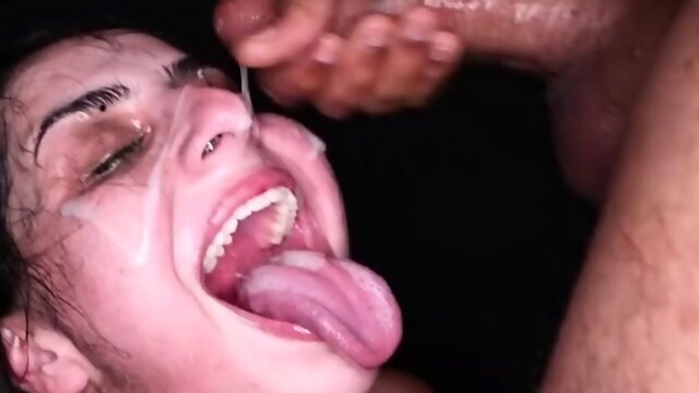 Hungry cocksucker gets covered in creamy cum bukkake style