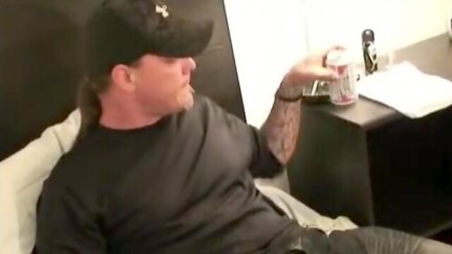 Strongly inked senior stud faps stiff in his guest room