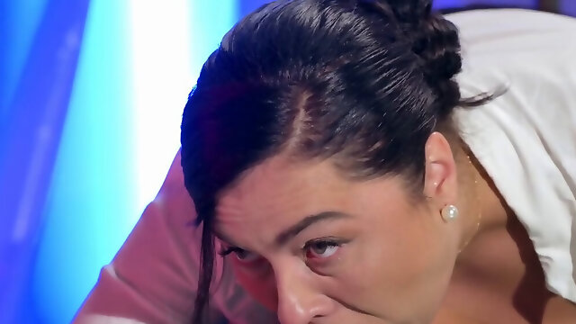 Chubby cock sucker bounces on a mans massive erect penis