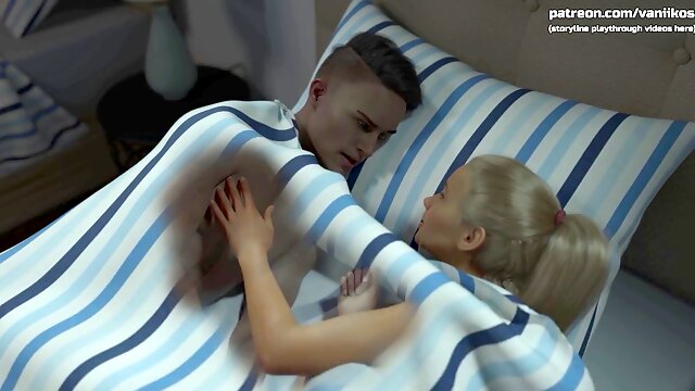 Busty blonde babe Vaniikos bangs her roommate and gets a cumshot on her belly in a taboo college game