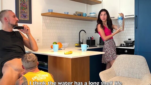 Hot wife is clueless talking to her friend while her husband sucks his cock under the table