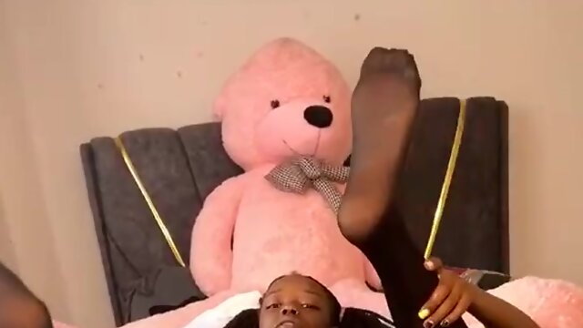 Petite Ebony babe in stockings squirts after getting creampie by a BBC in bed