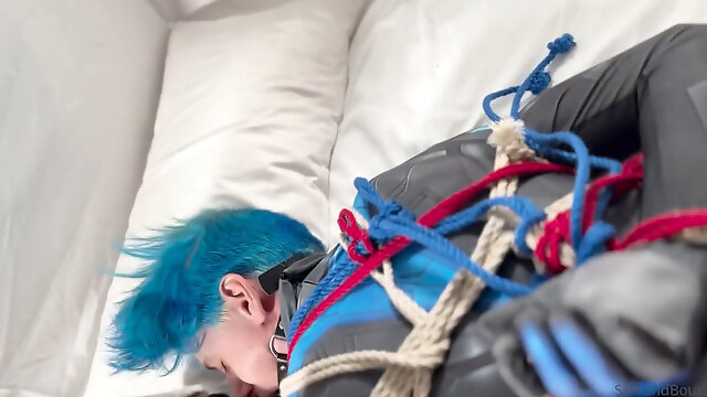 Nightwing and Robin in restraining bondage with lip-locking ball gag