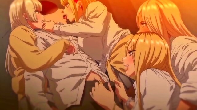 Four insatiable hentai blondies leave him no choice but to fuck them all