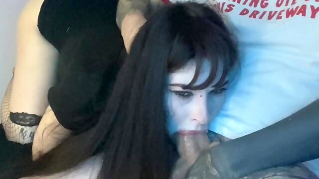 Rough mouth fuck for a slutty goth babe with cute face