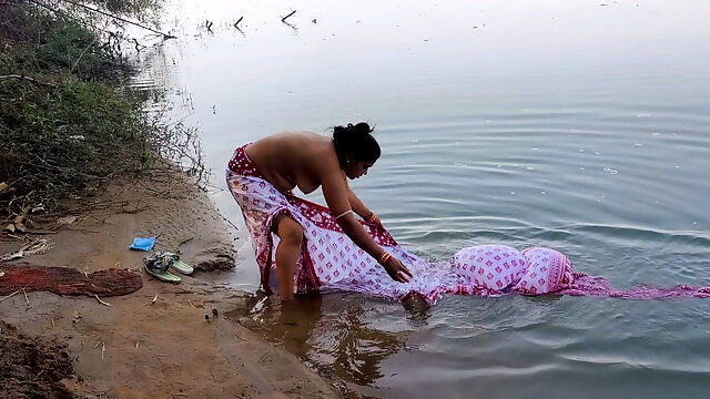 Indian Village Wife Bathing in the River in Outdoor Area