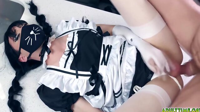 Katie Lingerie In Pigtailed Femboy Maid Squats Over Mateos Cock And Rides Him In Cowgirl On The Kitchen Counter 6 Min