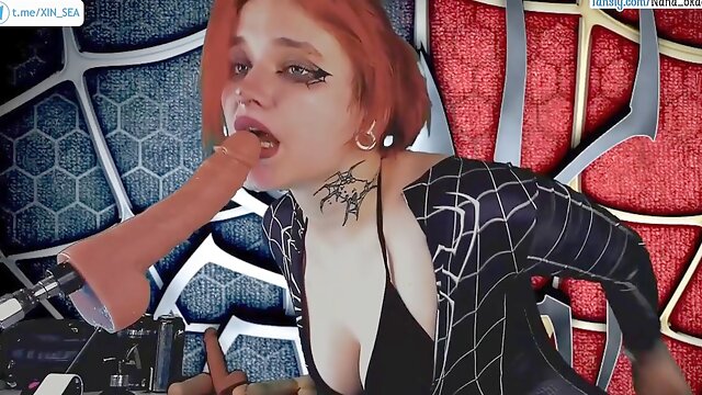 Meridjane transforms into a sultry spider damsel and delivers a steamy oral treat