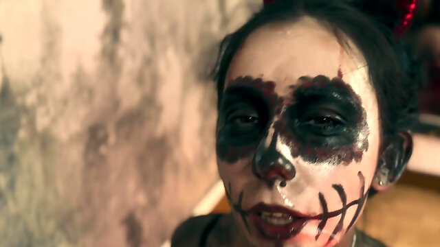 Voluptuous devil chick brings a big cock stud to orgasm with her flaming pussy